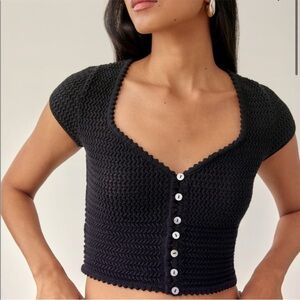 Reformation Caterina Open Knit Cardigan Sweater Crochet Cotton Black Small EUC